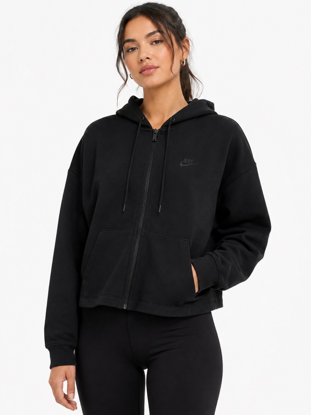 Nike Black Full Zip Hoodie Embroidered Logo Cropped Boxy Fit Casual - Size XL